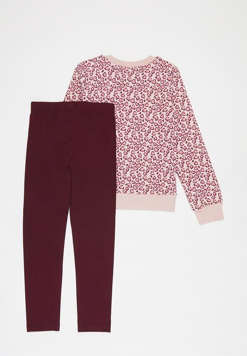 Pop Candy - Printed sweat top & leggings set - pink & burgundy 