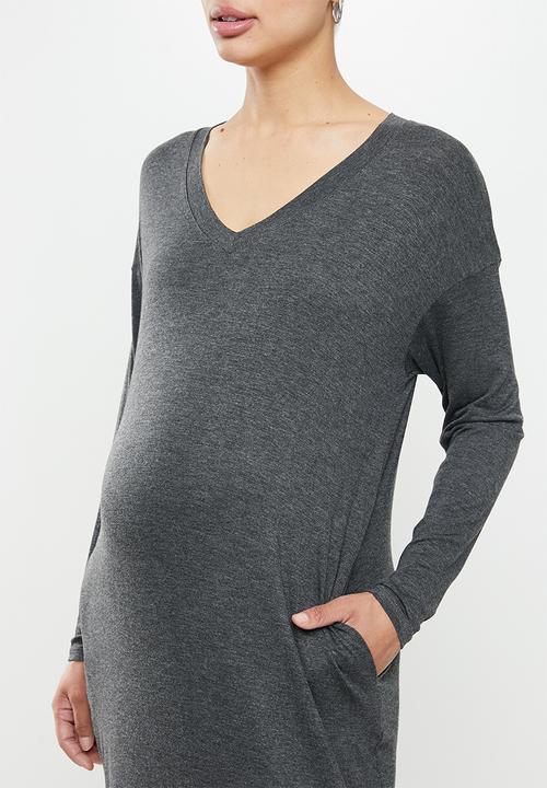 Superbalist - Easy fit v-neck long leeve tee dress - charcoal