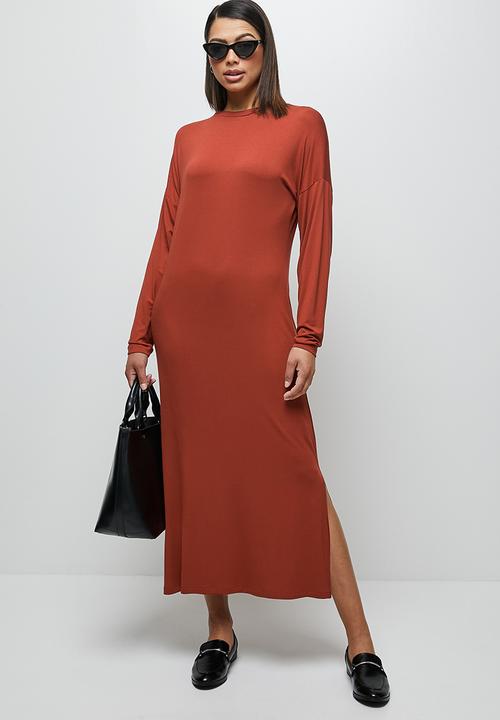 edit - Knit long sleeve slit maxi - rust