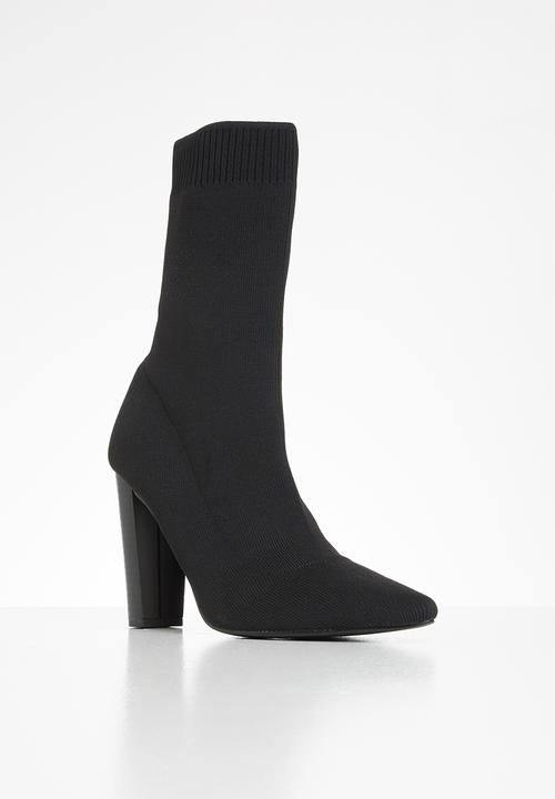 Missguided - Stacked heel knitted pointed toe ankle boot - black