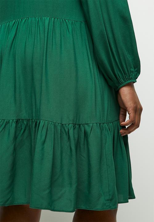 MILLA - Peached woven piecrust tiered mini dress - green
