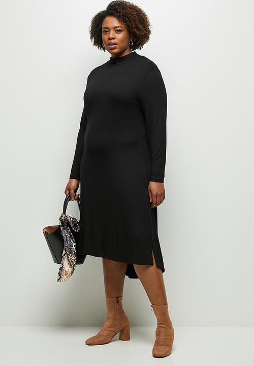 edit Plus - Round neck hi low midi dress - black