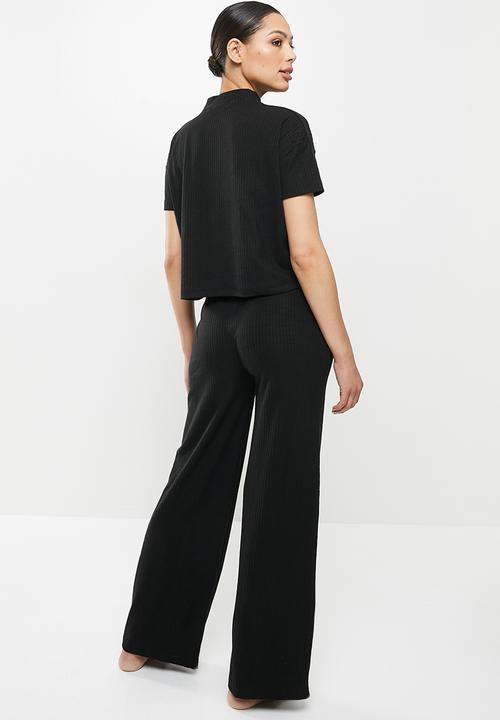 Missguided - Soft rib boxy tee wide leg lounge set - black