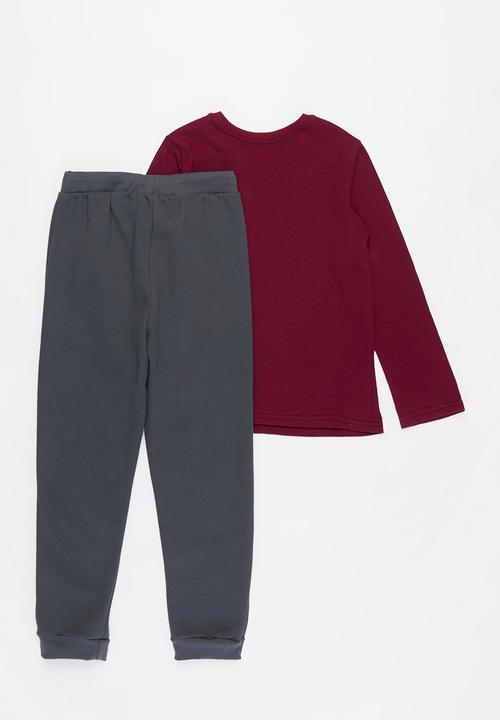 Pop Candy - Long sleeve top & jogger set - burgundy & charcoal