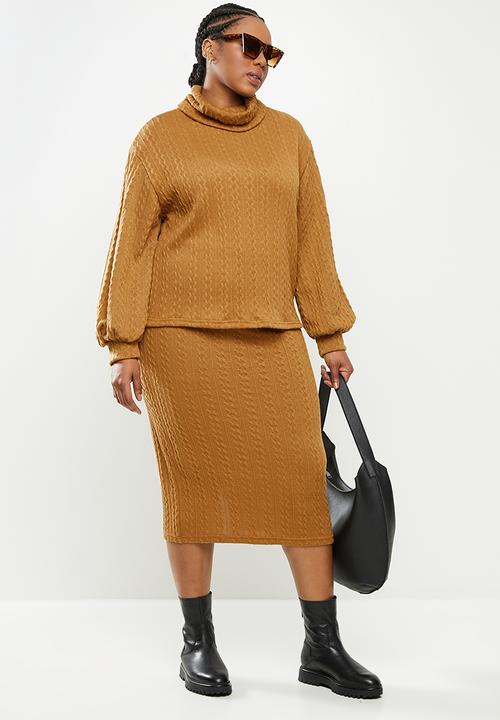 Me&B - Plus caramel cable knit pencil skirt - brown 