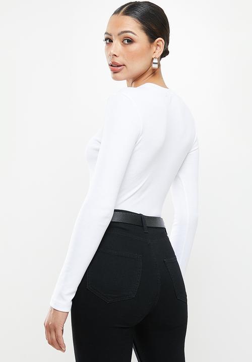 Missguided - Long sleeve crew neck ribbed top - white