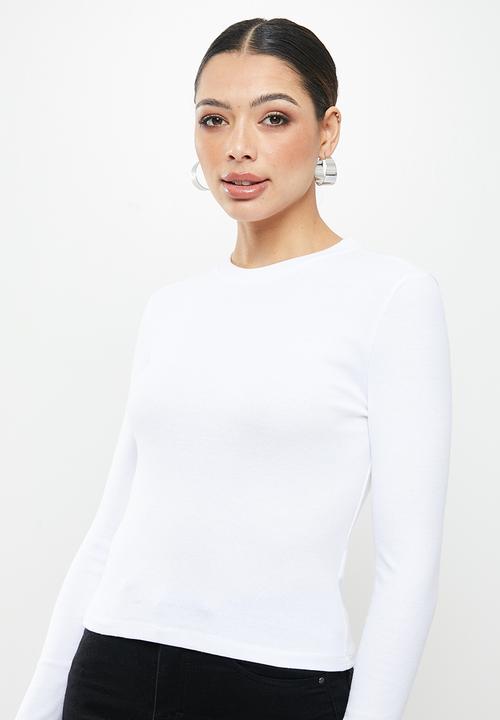 Missguided - Long sleeve crew neck ribbed top - white
