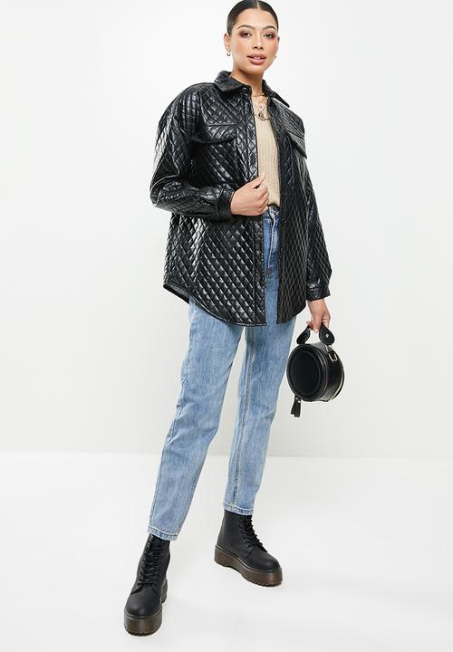 Missguided - Pu diamond quilted shacket coat - black 