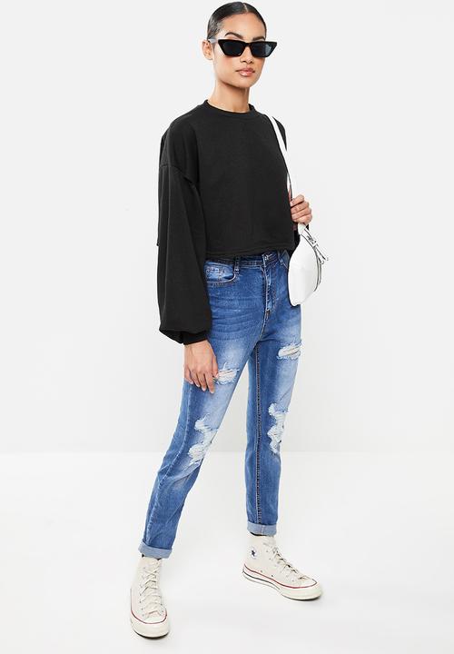 Missguided - Petite balloon sleeve oversized crop sweat - black