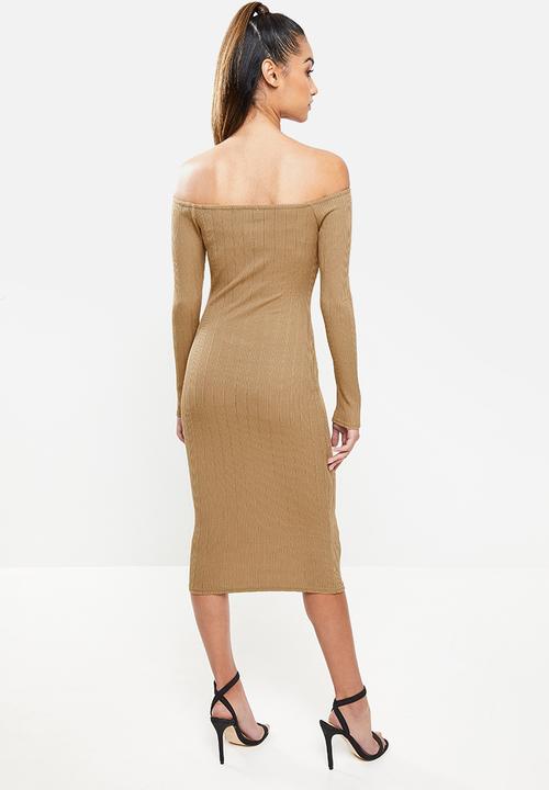 Missguided - Petite texture rib bodycon midi dress - brown