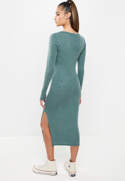 Missguided - Petite square neck split rib midi dress - green