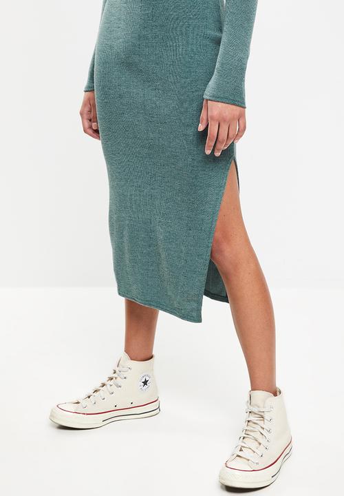 Missguided - Petite square neck split rib midi dress - green