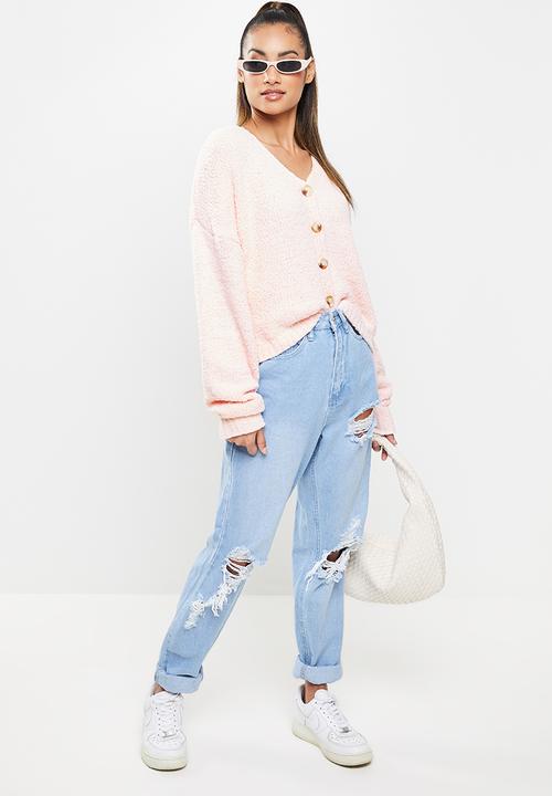 Missguided - Petite riot highwaisted roll hem knee rip mom jean lightwash - blue