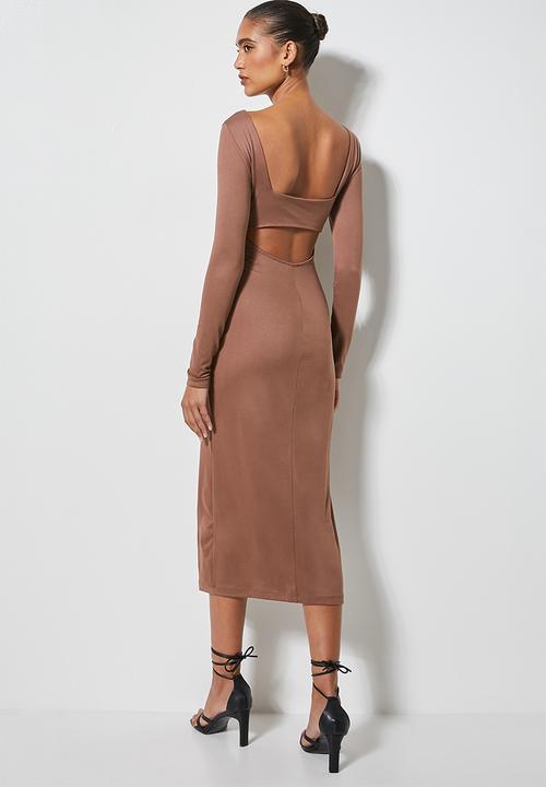 VELVET - Cut out back column midi dress - cognac