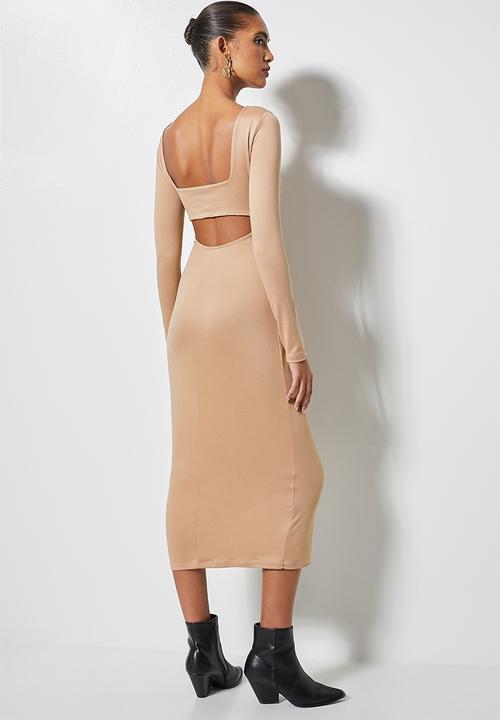 VELVET - Cut out back column midi dress - beige