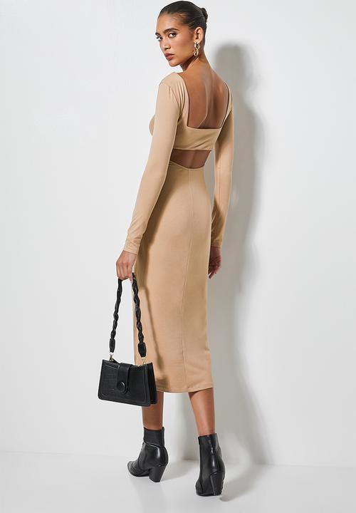 VELVET - Cut out back column midi dress - beige