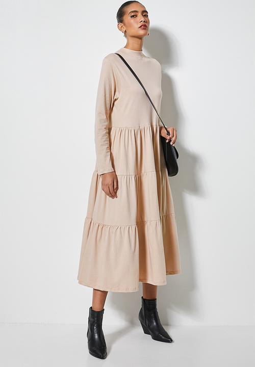 Superbalist - Ribbed funnel neck tiered dress - stone