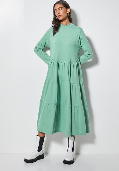 Superbalist - Ribbed funnel neck tiered dress - deep sage