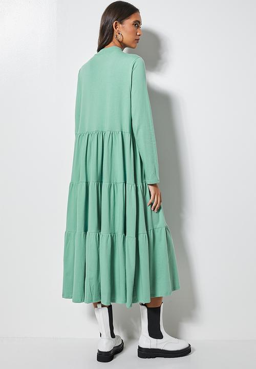 Superbalist - Ribbed funnel neck tiered dress - deep sage