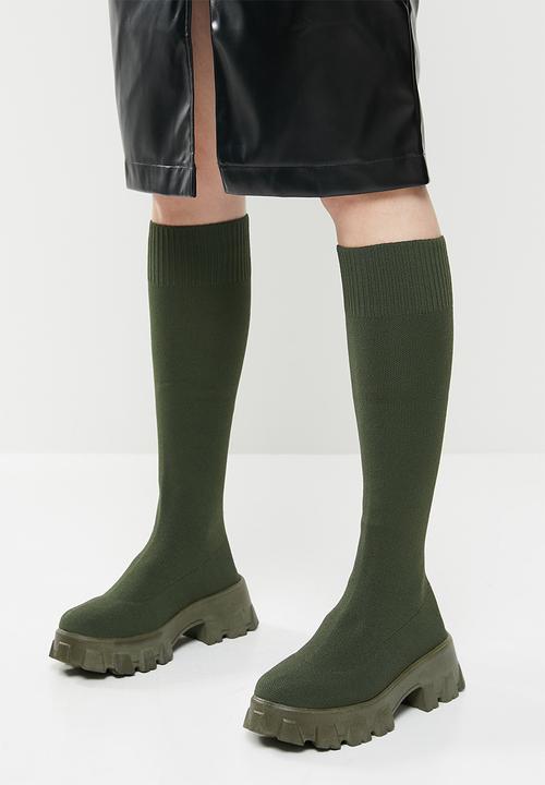 Public Desire - Future knit chunky sole knee high boot - khaki