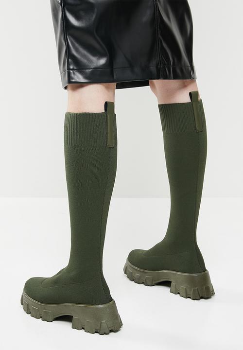 Public Desire - Future knit chunky sole knee high boot - khaki