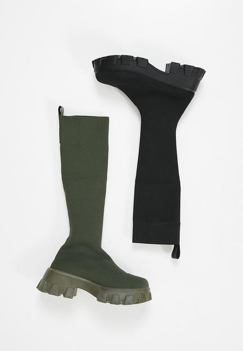 Public Desire - Future knit chunky sole knee high boot - khaki