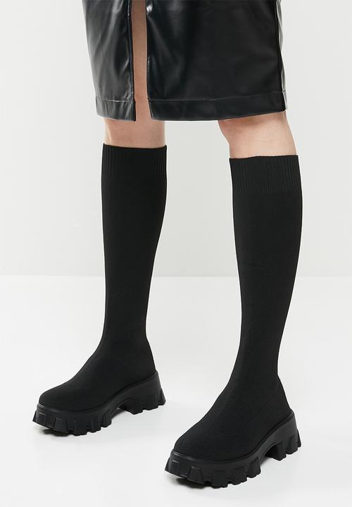 Public Desire - Future knit chunky sole knee high boots - black