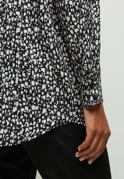 edit - Mandarin printed longline shirt - black & white