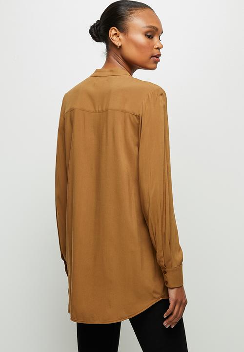 edit - Mandarin printed longline shirt - tan