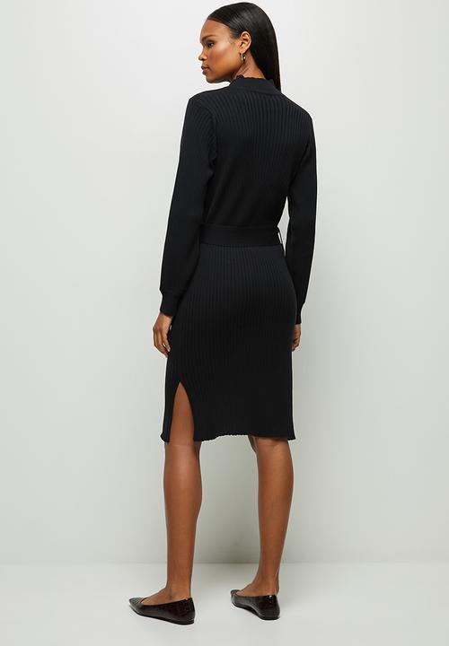 edit - Ribbed belted formal midi - black