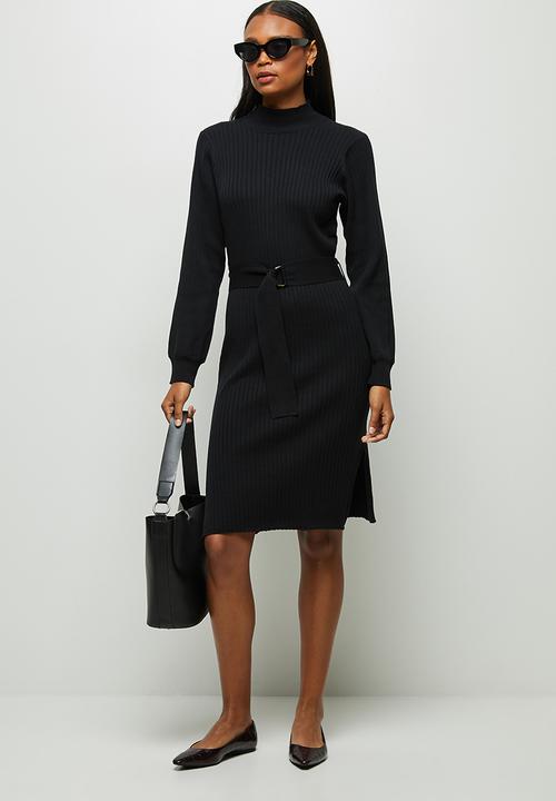 edit - Ribbed belted formal midi - black