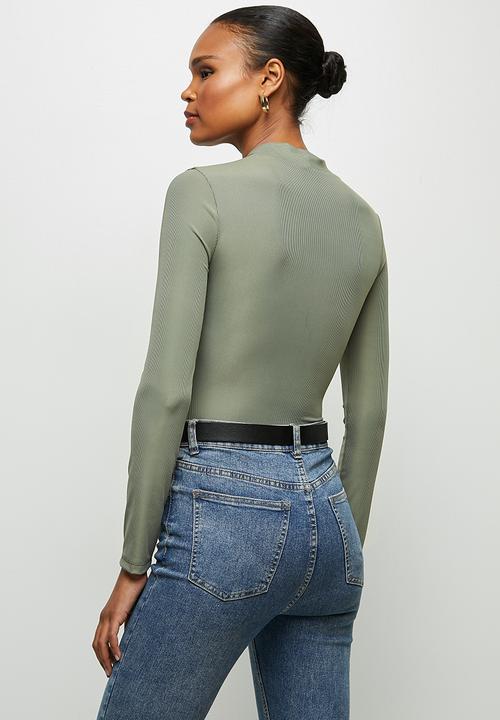 MILLA - Ribbed V neck  bodysuit - sage