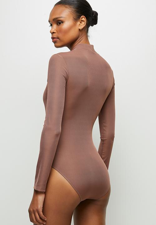 MILLA - Ribbed V neck bodysuit  - cognac