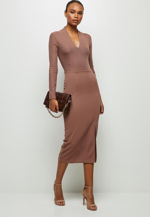 MILLA - Ribbed V neck bodysuit  - cognac