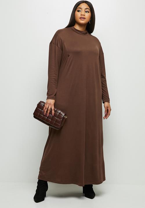 MILLA - Brushed knit dropped shoulder maxi dress - brown