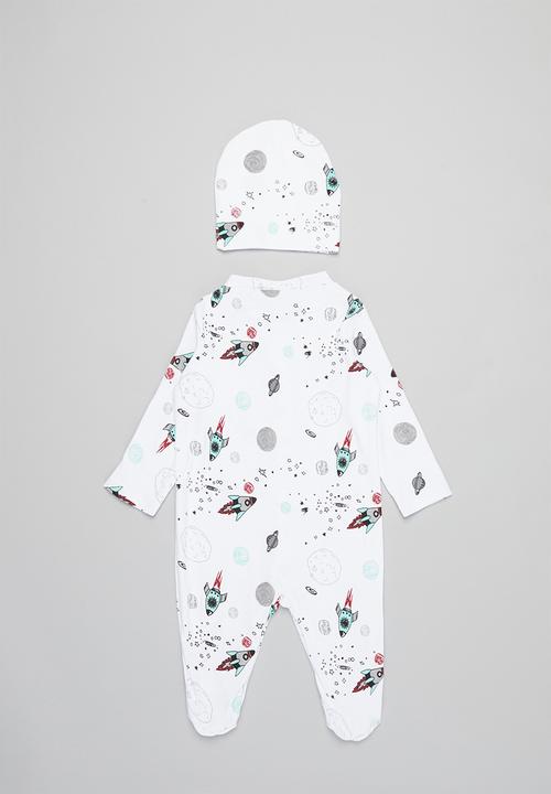 Baby Star - Space sleepsuit & beanie set - white