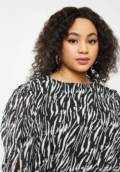 Missguided - Plus puff sleeve midi smock dress zebra - black & white 