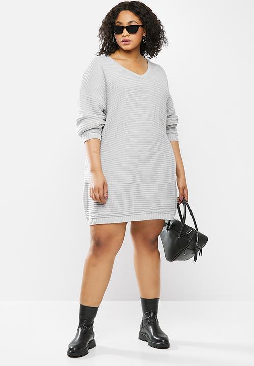 Missguided - Plus v neck ribbed dress - grey