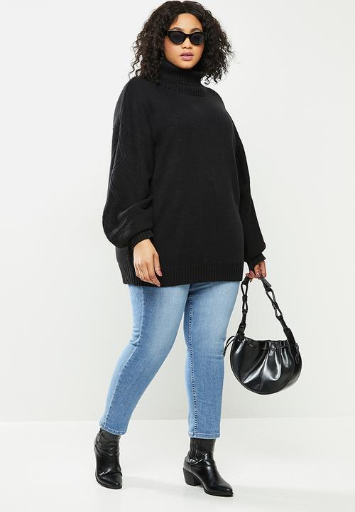 Missguided - Plus roll neck cable sleeve jumper - black
