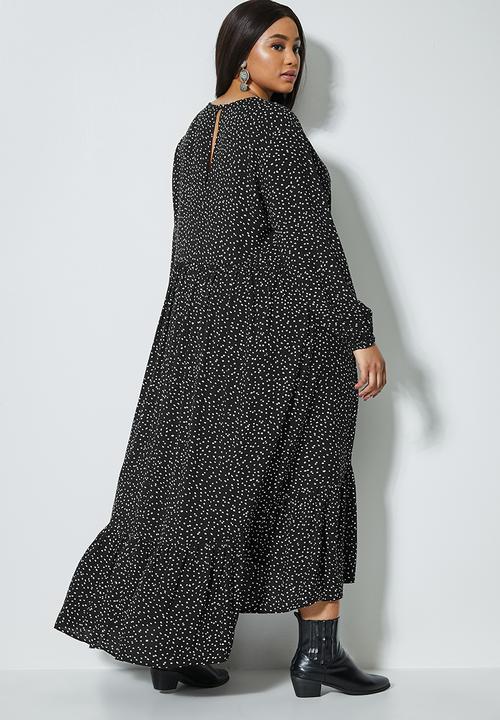 Superbalist - Long sleeve maxi tiered dress - black & white 