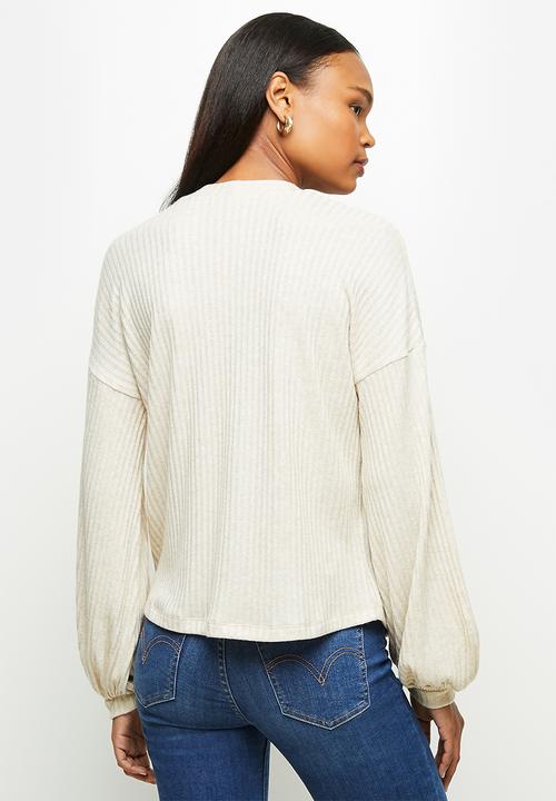 edit - Texture balloon drop shoulder top - oatmeal 