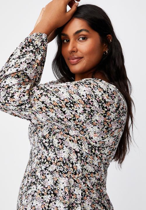 Cotton On - Curve ashley long sleeve mini dress - diane floral black