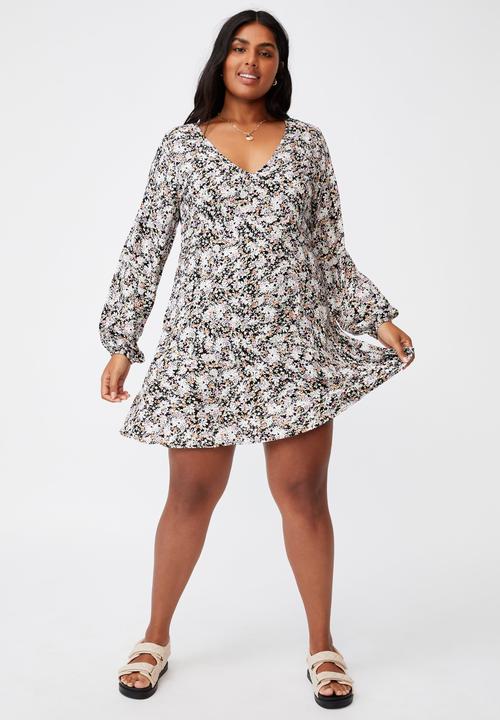 Cotton On - Curve ashley long sleeve mini dress - diane floral black