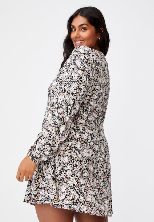 Cotton On - Curve ashley long sleeve mini dress - diane floral black