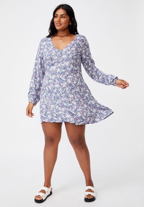 Cotton On - Curve ashley long sleeve mini dress - diane floral coastal blue
