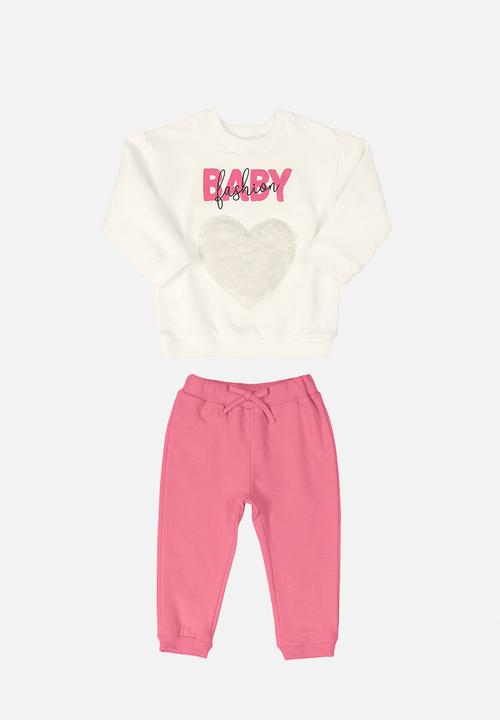Quimby - Baby girls elastane sweatshirt & pants set - off white & pink