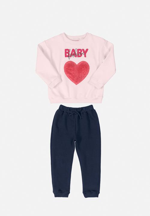 Quimby - Baby girls elastane sweatshirt & pants set - light pink & navy