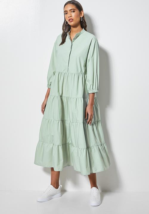 Superbalist - Poplin mandarin collar tiered dress - sage