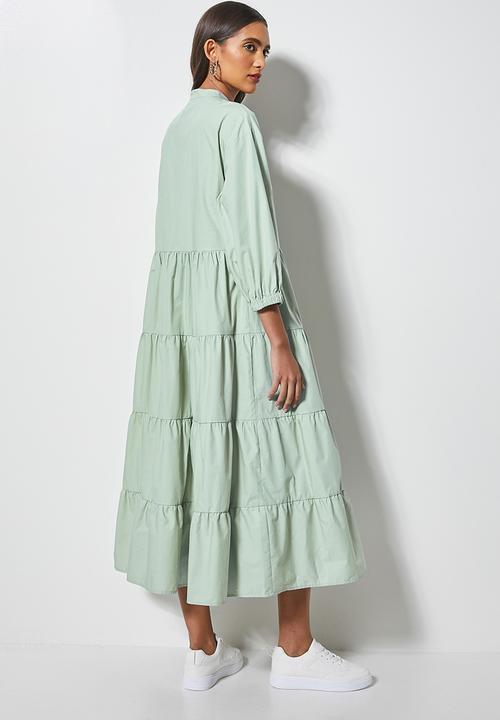 Superbalist - Poplin mandarin collar tiered dress - sage