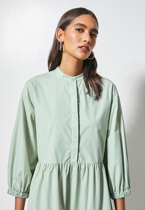 Superbalist - Poplin mandarin collar tiered dress - sage